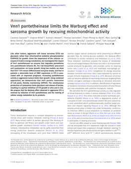 Vnn1 Pantetheinase Limits the Warburg Effect and Sarcoma Growth by Rescuing Mitochondrial Activity