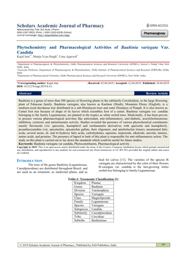 Phytochemistry and Pharmacological Activities of Bauhinia Variegata Var