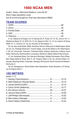 1980 NCAA MEN Austin, Texas—Memorial Stadium; June 03–07 (First 2 Days Decathlon-Only) (Hot & Humid Throughout; Final-Day Attendance 8000) Team Scores 1