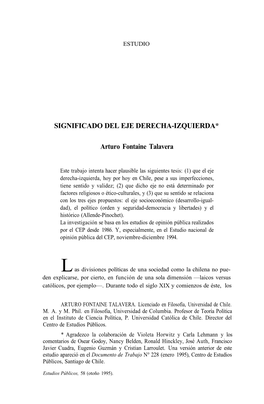 SIGNIFICADO DEL EJE DERECHA-IZQUIERDA* Arturo Fontaine Talavera