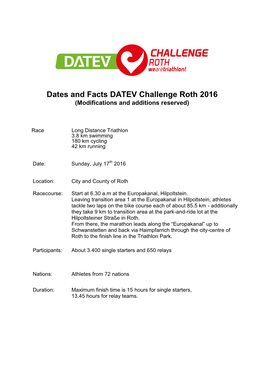 Dates and Facts DATEV Challenge Roth 2016 (Modifications and Additions Reserved)