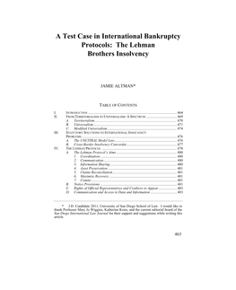 A Test Case in International Bankruptcy Protocols: the Lehman Brothers Insolvency