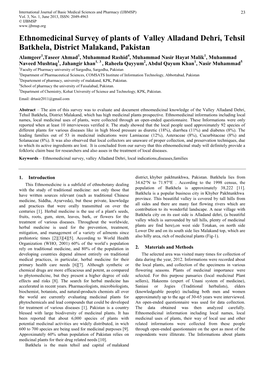 Ethnomedicinal Survey of Plants of Valley Alladand Dehri, Tehsil