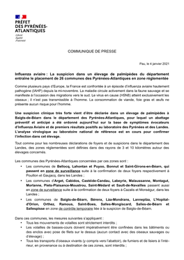 COMMUNIQUE DE PRESSE Influenza Aviaire : La Suspicion Dans Un Élevage De Palmipèdes Du Département Entraîne Le Placement De