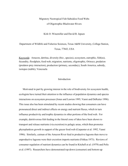 Migratory Neotropical Fish Subsidize Food Webs of Oligotrophic Blackwater Rivers