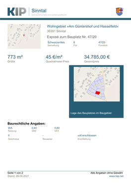 Sinntal 773 M² 45 €/M² 34.785,00 €