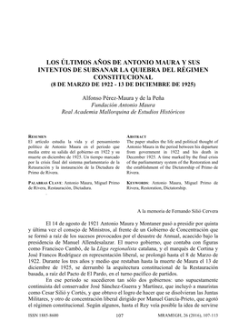 Los Últimos Años De Antonio Maura Y Sus Intentos De Subsanar La Quiebra Del Régimen Constitucional (8 De Marzo De 1922 - 13 De Diciembre De 1925)