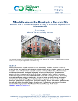 Affordable-Accessible Housing in a Dynamic City Why and How to Increase Affordable Housing in Accessible Neighborhoods 28 September 2021
