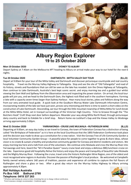 Albury Region Explorer 19 to 25 October 2020