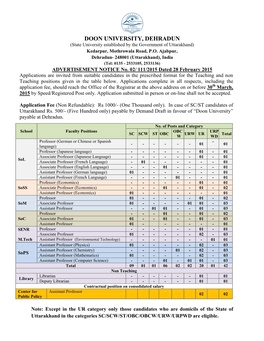 DOON UNIVERSITY, DEHRADUN (State University Established by the Government of Uttarakhand) Kedarpur, Mothrowala Road, P.O