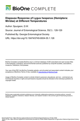 Diapause Response of Lygus Hesperus (Hemiptera: Miridae) at Different Temperatures