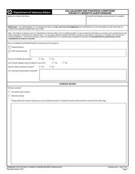 Gallbladder and Pancreas Conditions Disability Benefits Questionnaire Name of Patient/Veteran Patient/Veteran's Social Security Number