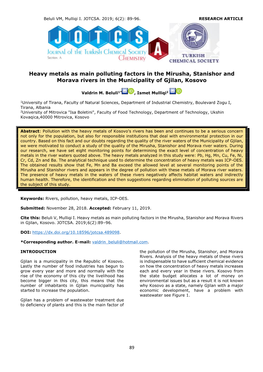 Heavy Metals As Main Polluting Factors in the Mirusha, Stanishor and Morava Rivers in the Municipality of Gjilan, Kosovo