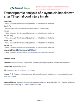 Transcriptomic Analysis of Α-Synuclein Knockdown After T3 Spinal Cord Injury in Rats