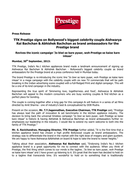 TTK Prestige Signs on Bollywood's Biggest Celebrity Couple Aishwarya Rai Bachchan & Abhishek Bachchan As Brand Ambassadors