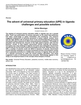 The Advent of Universal Primary Education (UPE) in Uganda: Challenges and Possible Solutions