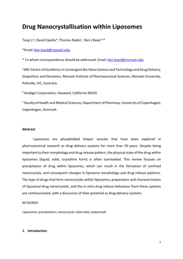 Drug Nanocrystallisation Within Liposomes