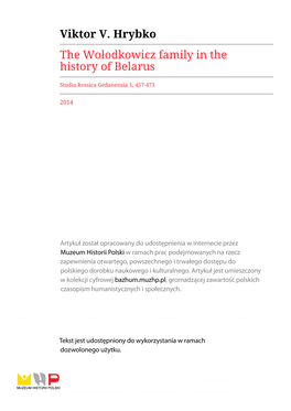 Viktor V. Hrybko the Wołodkowicz Family in the History of Belarus