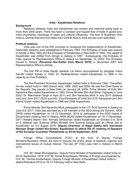 Kazakhstan Relations Background Relations Between India and Kazakhstan Are Ancient and Historical Going Back to More Than 2000 Years