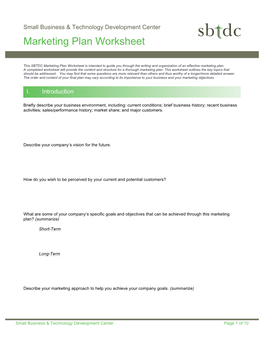 Marketing Plan Worksheet