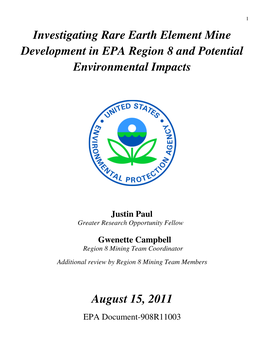 Investigating Rare Earth Element Mine Development in EPA Region 8 and Potential Environmental Impacts