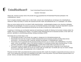 Unitedhealthcare® Texas Facility Based Physician Contract Status Important Information Please Note