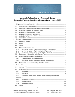 Lambeth Palace Library Research Guide Reginald Pole, Archbishop of Canterbury (1500-1558)