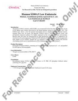Human S100A3 Low Endotoxin Circulex Product Data Sheet for Research Use Only, Not for Use in Diagnostic Procedures