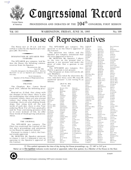 Congressional Record United States Th of America PROCEEDINGS and DEBATES of the 104 CONGRESS, FIRST SESSION