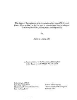 Neoseiulus Californicus (Mcgregor) (Acari: Phytoseiidae) in the UK, and Its Potential As a Biocontrol Agent of Panonychus Ulmi (Koch) (Acari: Tetranychidae)