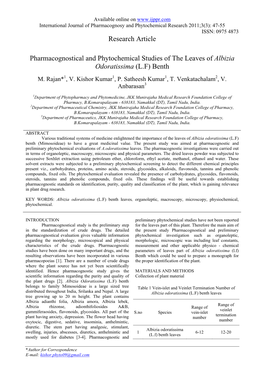 Pharmacognostical and Phytochemical Studies of the Leaves of Albizia Odoratissima (L.F) Benth