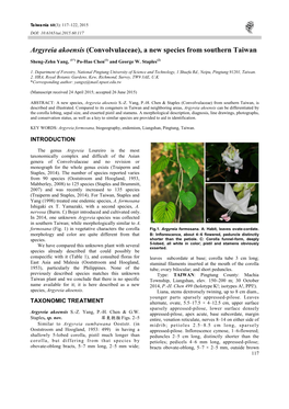 Argyreia Akoensis (Convolvulaceae), a New Species from Southern Taiwan