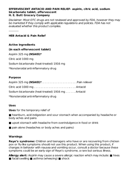 EFFERVESCENT ANTACID and PAIN RELIEF- Aspirin, Citric Acid, Sodium Bicarbonate Tablet, Effervescent H