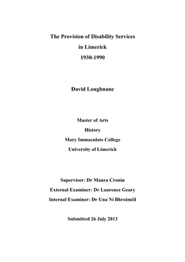 The Provision of Disability Services in Limerick 1930-1990 David