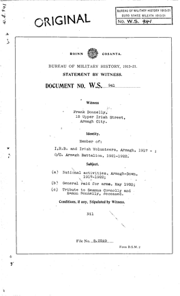 ROINN COSANTA BUREAU of MILITARY HISTORY, 1913-21. STATEMENT by WITNESS. DOCUMENT NO. W.S. 941 Witness Frank Donnelly, 15 Upper