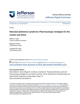 Neonatal Abstinence Syndrome: Pharmacologic Strategies for the Mother and Infant
