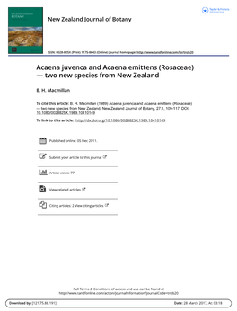 Acaena Juvenca and Acaena Emittens (Rosaceae) — Two New Species from New Zealand