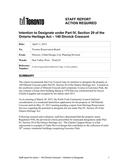 Intention to Designate Under Part IV, Section 29 of the Ontario Heritage Act – 140 Dinnick Crescent