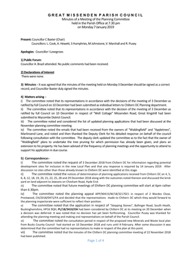 GREAT MISSENDEN PARISH COUNCIL Minutes of a Meeting of the Planning Committee Held in the Parish Office at 7.30 Pm on Monday 7 January 2019