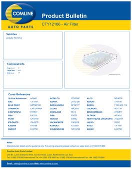 Product Bulletin CTY12186 - Air Filter