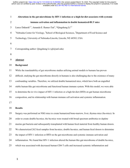 1 Alterations in the Gut Microbiome by HIV-1 Infection Or a High-Fat Diet Associates with Systemic