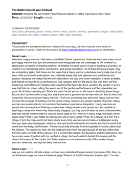 The Rabbi Daniel Lapin Podcast Episode: Recalling My Life History-Forgetting Our Nation’S History-Figuring out Our Future Date: 10/23/2020 Length: 1:41:45