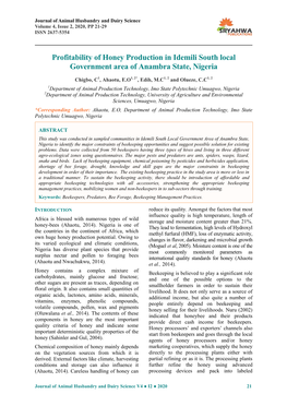 Profitability of Honey Production in Idemili South Local Government Area of Anambra State, Nigeria