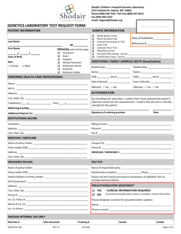 GENETICS LABORATORY TEST REQUEST FORM Shodair Lab Number PATIENT INFORMATION SAMPLE INFORMATION