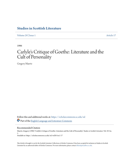 Carlyle's Critique of Goethe: Literature and the Cult of Personality Gregory Maertz