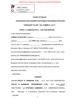 AMSL Lawyers COURT of MILAN PURSUANT to ART. 183, COMMA 6, C.P.C . (PROC. N. 50660/2019 R.G