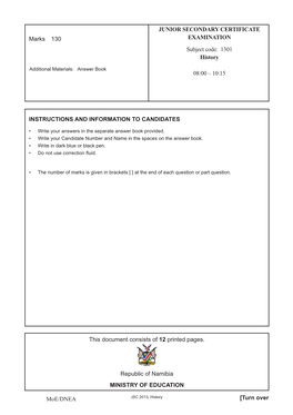 [Turn Over INSTRUCTIONS and INFORMATION to CANDIDATES Moe/DNEA Marks 130 JUNIOR SECONDARY CERTIFICATE EXAMINATION Subject Code