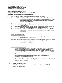 I City of West Hollywood Transgender Advisory Board Minutes for March 7, 2012