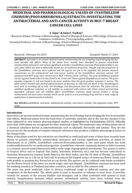 Medicinal and Pharmacological Values of Cyanthillium Cinereum (Poovamkurunilla) Extracts: Investigating the Antibacterial