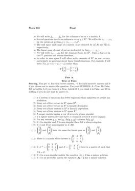 Math 308 Final • We Will Write a 1,... ,An for the Columns of an M × N